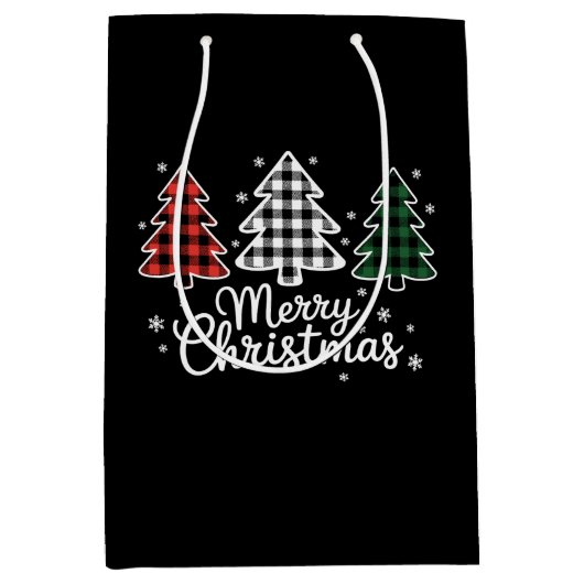 Merry Christmas Tree Buffalo Plaid Red White Green ミディアムペーパーバッグ (正面)