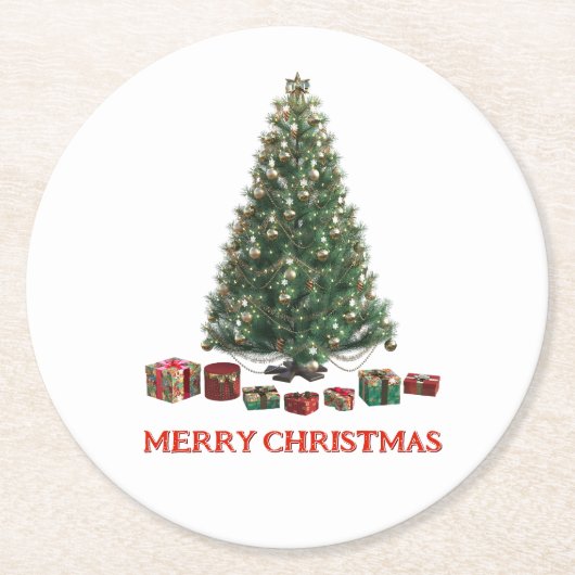 Merry Christmas. Tree (design 1) with gifts ラウンドペーパーコースター (正面)