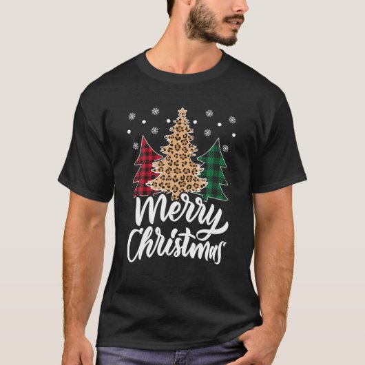 Merry Christmas Tree Leopard Buffalo Plaid Xmas Tシャツ (正面)