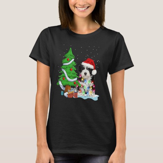 Merry Christmas Tree Light Santa Hat Dog Shih Tzu  Tシャツ (正面)