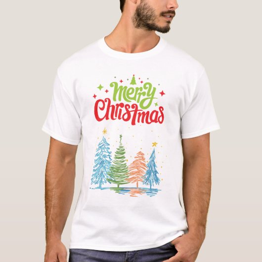  Merry Christmas Tree Men White T-Shirt Tシャツ (正面)