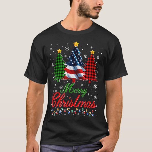 Merry Christmas Tree Plaid Us Flag Snowflake Xmas  Tシャツ (正面)