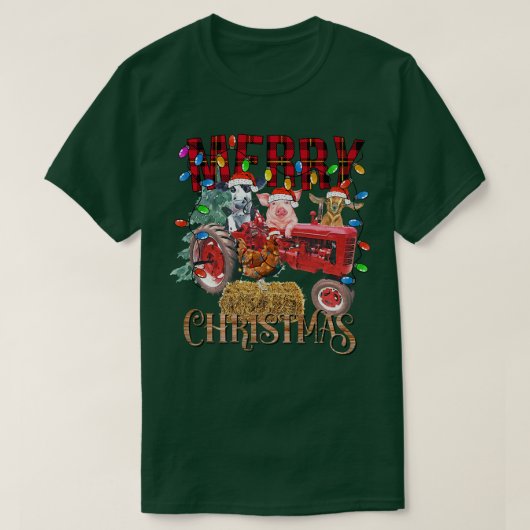 Merry Christmas Tree Red Tractor Lighting Farmer C Tシャツ (デザイン正面)