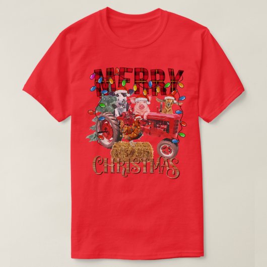 Merry Christmas Tree Red Tractor Lighting Farmer C Tシャツ (デザイン正面)