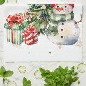 Merry Christmas Tree Snowman and Presents キッチンタオル (折り畳み)