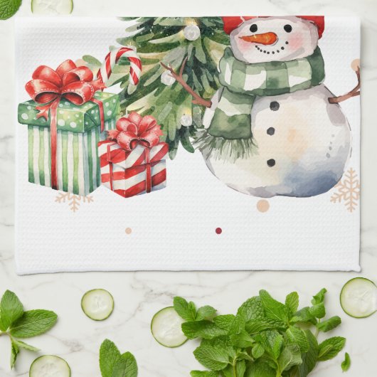 Merry Christmas Tree Snowman and Presents キッチンタオル (折り畳み)