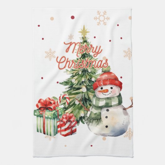 Merry Christmas Tree Snowman and Presents キッチンタオル (縦)