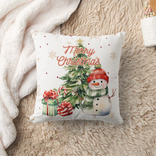 Merry Christmas Tree Snowman and Presents クッション (ブランケット)