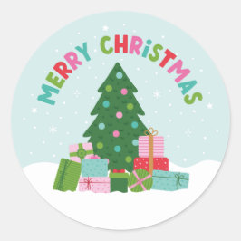 Merry Christmas Tree with Gifts in Aqua Blue ラウンドシール