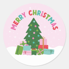 Merry Christmas Tree with Gifts in Pastel Pink ラウンドシール