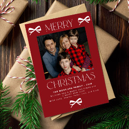 Merry Christmas trendy red white bow family photo シーズンカード