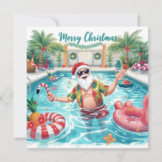 Merry Christmas Tropical Santa Summer Pool Party シーズンカード (正面)