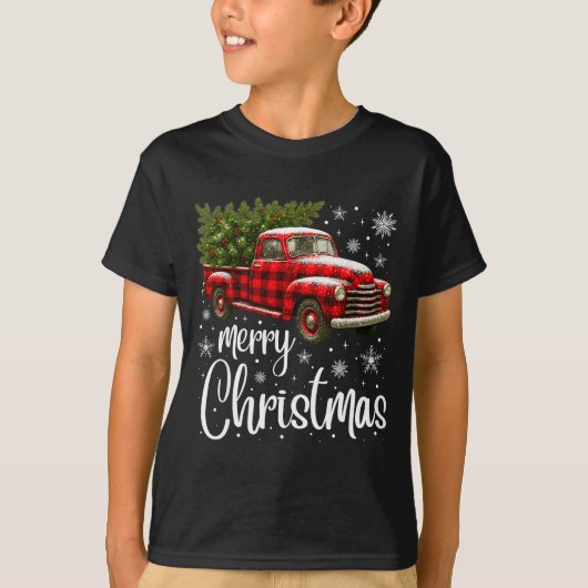 Merry Christmas Truck Buffalo Plaid Xmas Tree Men  Tシャツ (正面)