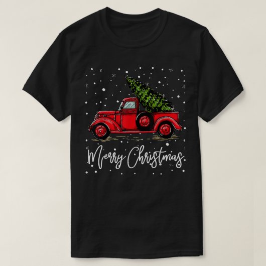Merry Christmas Truck Red With Tree Funny Xmas Paj Tシャツ (デザイン正面)
