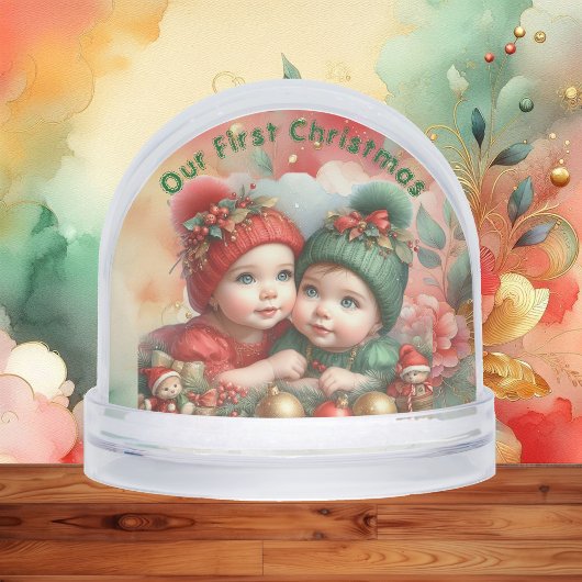 Merry Christmas Two Babies Family Photo Red Green