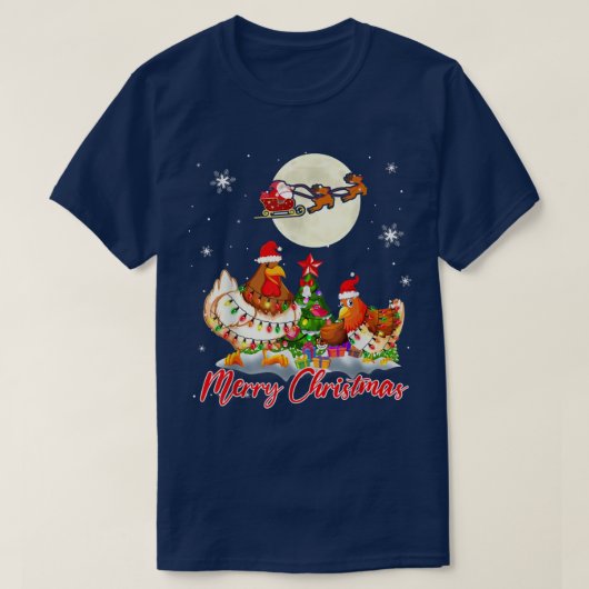 Merry Christmas Two Santa Chickens Xmas Tree Light Tシャツ (デザイン正面)