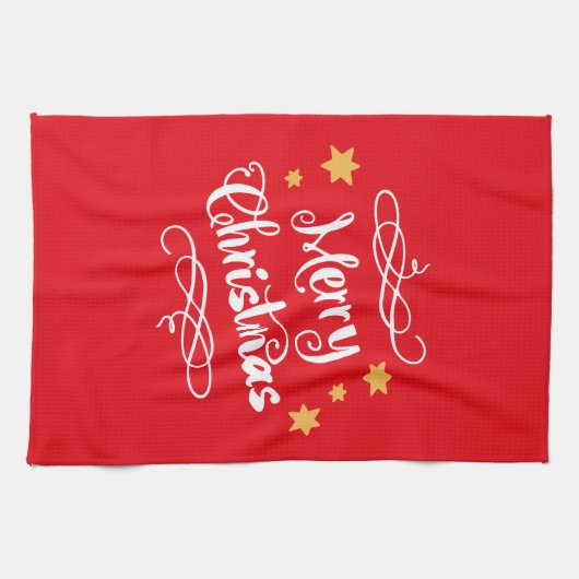 Merry Christmas Typography Light Red White キッチンタオル (横)