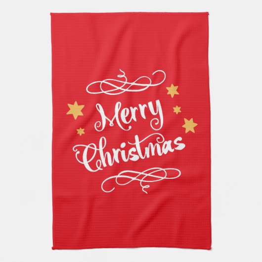 Merry Christmas Typography Light Red White キッチンタオル (縦)