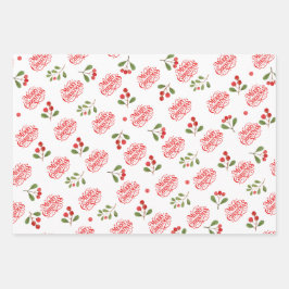 Merry Christmas Typography Red Berries Foliage ラッピングペーパーシート