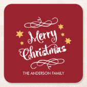Merry Christmas Typography Red White スクエアペーパーコースター (正面)