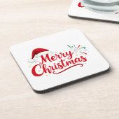 Merry Christmas Typography with Santa Hat and Snow コースター (左側)