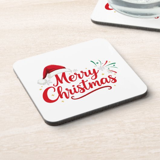 Merry Christmas Typography with Santa Hat and Snow コースター (左側)