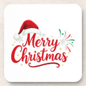 Merry Christmas Typography with Santa Hat and Snow コースター (正面)