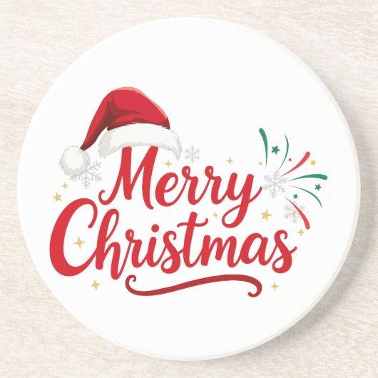 Merry Christmas Typography with Santa Hat and Snow コースター (正面)