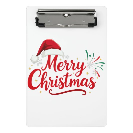 Merry Christmas Typography with Santa Hat and Snow ミニクリップボード (正面)