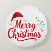 Merry Christmas Typography with Santa Hat and Snow ラウンドクッション (裏面)
