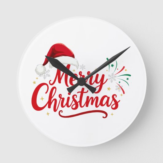 Merry Christmas Typography with Santa Hat and Snow ラウンド壁時計 (正面)