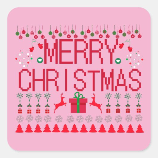 Merry Christmas Ugly Sweater Knit Pattern スクエアシール (正面)