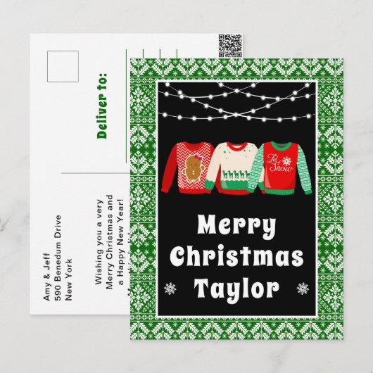 Merry Christmas Ugly Sweaters Green with Name シーズンポストカード (正面/裏面)