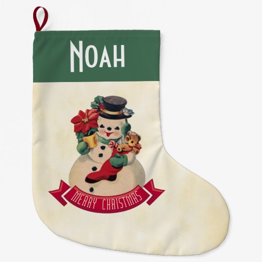 Merry Christmas Vintage Snowman ラージクリスマスストッキング (正面)