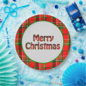 Merry Christmas Vivid Red Green  Tartan Typography ペーパープレート (パーティー)