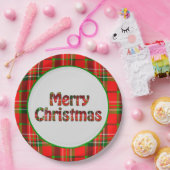 Merry Christmas Vivid Red Green  Tartan Typography ペーパープレート (パーティー)