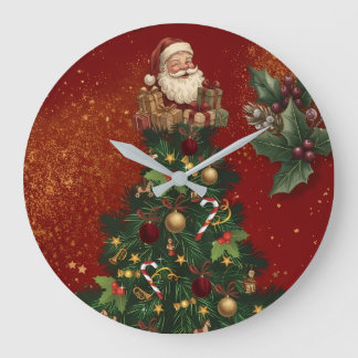 Merry Christmas Wall Clock - Vintage Santa & Festi ラージ壁時計
