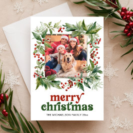 Merry Christmas Watercolor Holly Frame Photo シーズンカード