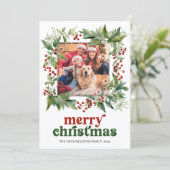 Merry Christmas Watercolor Holly Frame Photo シーズンカード (スタンド正面)