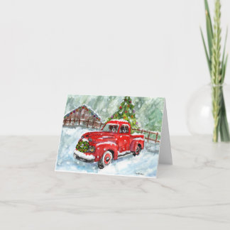 merry christmas watercolor pups driving red truck カード