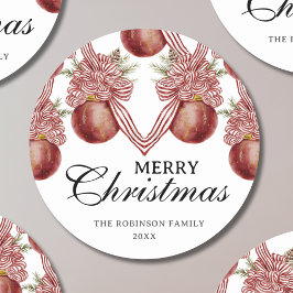 Merry Christmas Watercolor Red Striped Ornament ラウンドシール