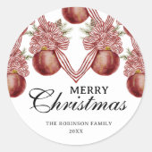Merry Christmas Watercolor Red Striped Ornament ラウンドシール (正面)