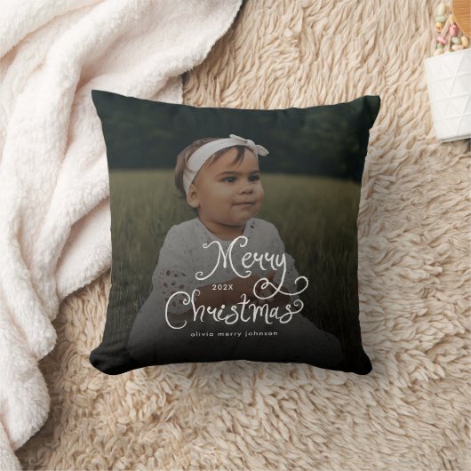 Merry Christmas Whimsical Script  Baby Photo  クッション (ブランケット)