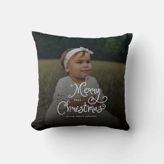 Merry Christmas Whimsical Script  Baby Photo  クッション (正面)