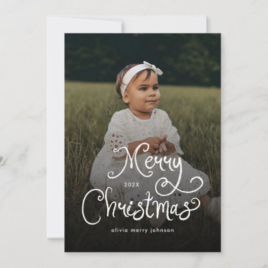 Merry Christmas Whimsical Script Baby Photo シーズンカード (正面)