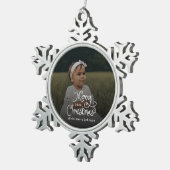 Merry Christmas Whimsical Script Baby Photo スノーフレークピューターオーナメント (右)