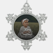 Merry Christmas Whimsical Script Baby Photo スノーフレークピューターオーナメント (正面)