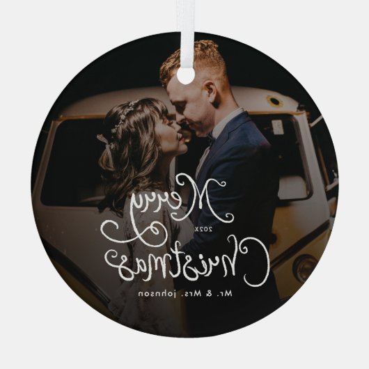 Merry Christmas Whimsical Script  Custom Photo  ガラスオーナメント (裏面)