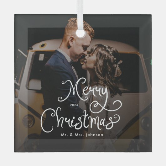 Merry Christmas Whimsical Script Custom Photo ガラスオーナメント (正面)