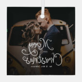 Merry Christmas Whimsical Script  Custom Photo  ガラスオーナメント (裏面)